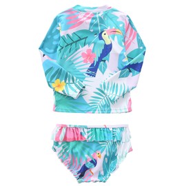 Aisyee Toddler Girls Rash Guard Swimsuits Set for Girls Long Sleeve Bathing Suits with Bikini Bottom Two Piece Swim Set Hawaiian Flamingo 4T