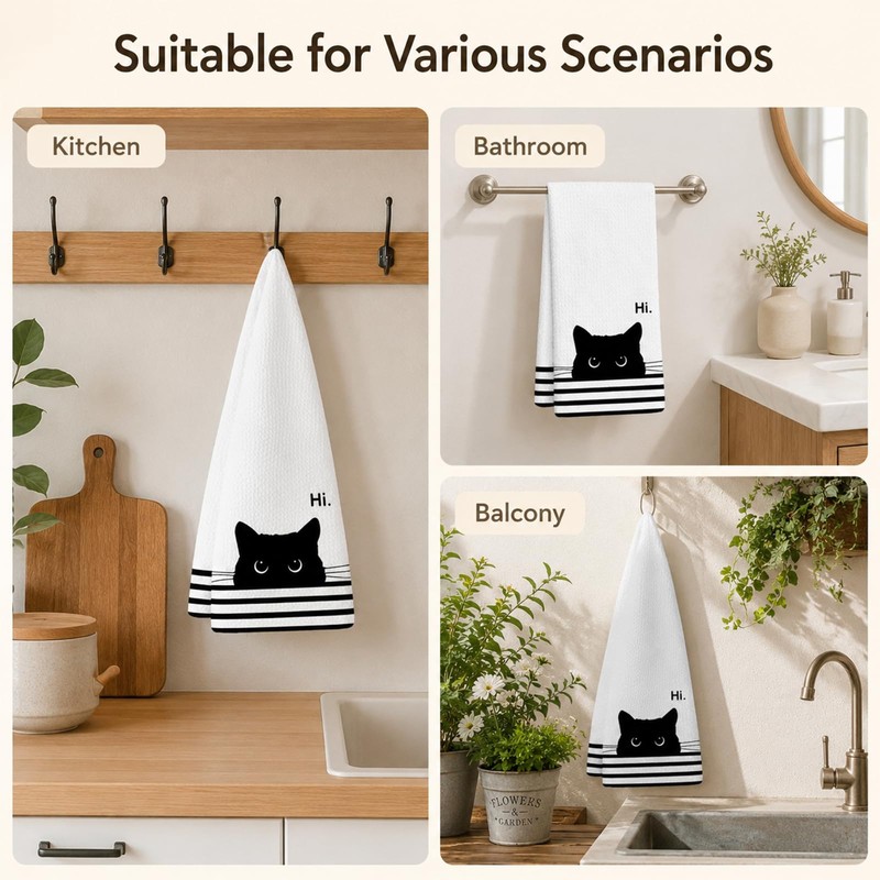 Black Cat Tea Towel, Kitchen Hand Towel, Gifts for Cat