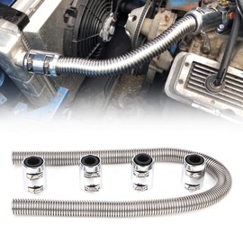 iRKY 48" Flexible Radiator Hose Stainless Steel Universal Water Hoses Adapter Coolant Radiator Hose Kit With 4Pcs Chrome Caps (8 Clamps, Silver)