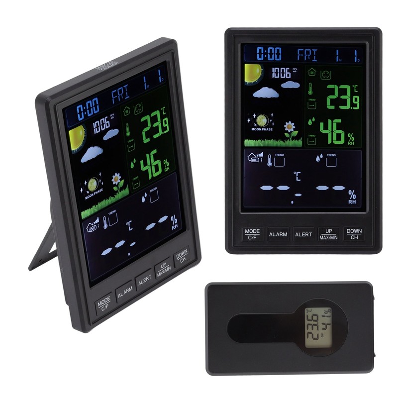 Weather Stations Wireless Indoor Outdoor Color Display Black 3 Channels