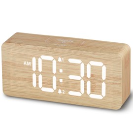 uscce Wooden Digital Alarm Clocks for Bedrooms: Dimmable Dual Alarm Clock with Large Numbers for Bedside Desk - Loud Alarm for Heavy Sleepers with Volume Control - Wood Decor & Gifts
