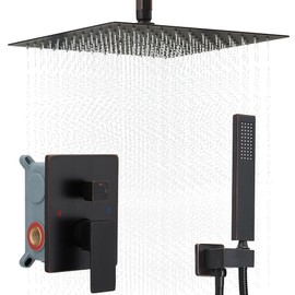 JingGang 12 Inch Ceiling Mount Oil Rubbed Bronze Shower System Bathroom Luxury Rain Mixer Shower Combo Set Ceiling Rainfall Shower Head System (Contain Shower Faucet Rough-in Valve Body and Trim)