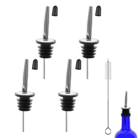 eispap 4Pcs Liquor Pour Stainless Steel Classic Bottle Speed Pourers with rubber Pour Spouts Cap Cleaning brush for Alcohol, Olive Oil, Liquor Pourers with Dust Caps, Speed Pourers (4)