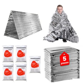 WITRET 5 Piezas Manta Termica Supervivencia, Campamento Accesorios, 160x210cm Cobija Termica de Camping Accesorios, Resistente al Agua al Sol al Desgarro Fácil de Llevar