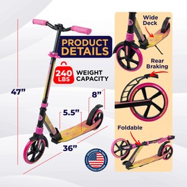 Outdoor Cruiser Kick Scooter for Ages 6+, for Kids, Teens, and Adults, Max Load 250 LBS, Foldable, 8-inch Big Wheels, Dual Suspension, 3 Adjustable Levels, Child Safety Approved, Yellow and Pink