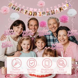 DWEARTY Rose Gold happy birthday banner for women and girls - Can Be Accompanied by Photos - Pink birthday party decorations sign for home and office