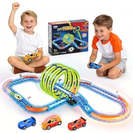 Glow Slot Car Race Track Set, 71 Pcs Glow-in-The-Dark Track Toy for Kids Ages 3-8, Electric Speed Car Light-Up Whole Tracks, 360° Magic Triple Loops, 1:64 Scale Pull-Back Cars, Toy Gift for Boys Girls