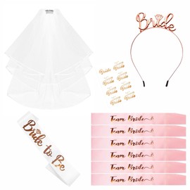 Hen Party Accessories Set of 10 - Bride to Be Sash and Veil Tiara Team Bride Sash Tattoos, Wedding Bride Sash and Tiara Veil Hen Do Accessories for Bridal Shower Hen Party Decorations White + Pink