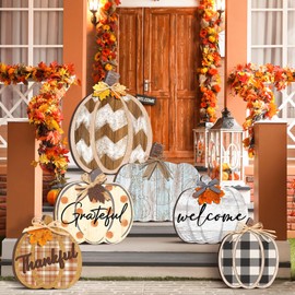Set of 6 Farmhouse Outdoor Fall Decoration for Home Pumpkin Fall Porch Signs Decoration Standings Thankful Grateful Blessed Welcome Sign Thanksgiving Decor for Front Porch Garden Party Favor(Rustic)