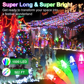 1500 LED 502FT Christmas String Lights Outdoor, Christmas Light with 8 Lighting Modes& Timer & Memory, Plug in Outdoor Waterproof Clear Wire Twinkle Light for for Xmas Yard Tree Party Decor Multicolor