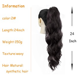 KETHBE 24 pulgadas largo cuerpo onda de cola de caballo extensión de pelo sintético resistente al calor envoltura alrededor del cordón rizado ondulado coleta postizos para mujeres (negro natural)