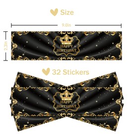 32 Pcs Happy Birthday Water Bottle Stickers, Gold Crown Water Bottle Labels, Black Birthday Bottle Wrappers for 16th 21st 30th 40th 50th Birthday Party Decorstions
