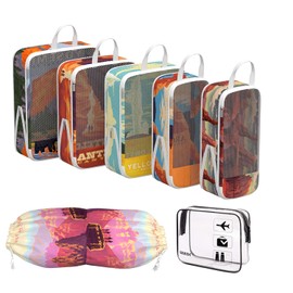 Compression Packing Cubes for Travel, 7 Set National Park Expandable Mesh Luggage Organizers, Waterproof Expandable/Compression Bags Travel Packing Cubes with Clear Toiletry Bag