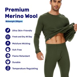 MERINNOVATION Merino Wool Base Layer Set for Men 100% Merino Wool Thermal Underwear Long Sleeve and Bottom