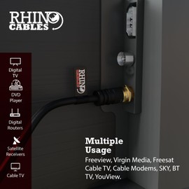 rhinocables Aerial Coaxial Cable with Gold-Plated Connectors, F Type Screw Plug, Coax Lead for Sky Q, Sky HD, Sky+ and Freesat TV, Black (1m)