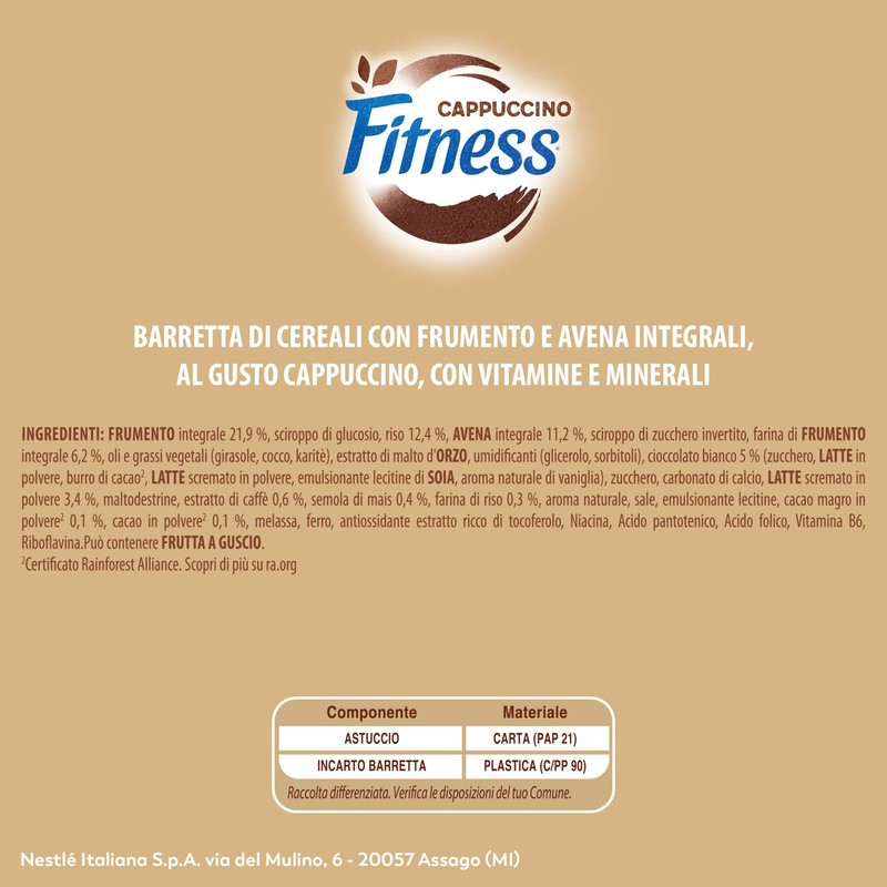FITNESS Cappuccino Barrette Cereali Integrali gusto Cappuccino, 24 Barrette da