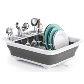 THANSTAR Collapsible Dish Drying Rack for RV Kitchen, Foldable Drainer Organizer for Kitchen Countertop, Space Saving Portable Dish Rack for Campers, Travel Trailer & Small Spaces, Easy Storage, Grey
