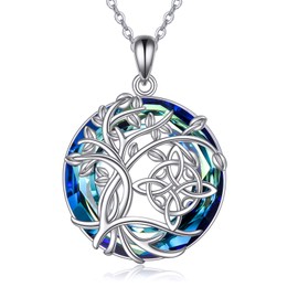 POPLYKE Tree of Life Necklace 925 Sterling Silver Celtic Witches Knot Necklace With Crystal for Women
