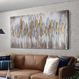 Acocifi Grey Abstract Leaf Painting Living Room Fall Wall Decoration Bedroom Wall Art Large Gold Silver Canvas Textured Picture, Boho Aesthetic Artwork Framed for Bathroom Kitchen Office Home Decor 58"x29"