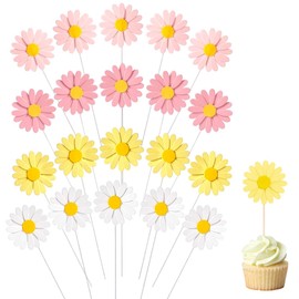 OUDQFCJ 20 Stück Daisy Cupcake Topper Gänseblümchen Tortendeko Mehrfarbig Blumen Pappbecher Kuchendeko Tortenaufleger für Happy Birthday Partydeko Hochzeitstorte Hellrosa Rosa Weiß Gelb