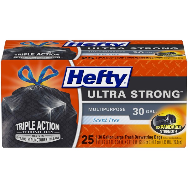 Hefty Ultra Strong Multipurpose Large Trash Bags, Black, Unscented Scent, 30 Gallon, 25 Count (Pack of 6), 150 Total
