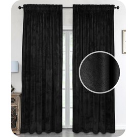 BEAUTEX Velvet Curtain, Ruffle Tape, U-Tape Curtain, Darkening and Opaque, 140 x 175 cm (Width 140 cm, Height 175 cm, Black)