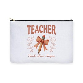 CafePress Cute Pencil With Pink Bow Teacher Large Zipper Toiletry Pouch, 12.5" x 8.5"