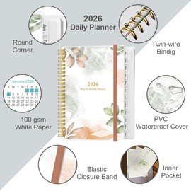 2026 Daily & Monthly Planner - One Page Per Day, Daily Planner 2026 from January 2026 to December 2026, Planner 26 with 12 Monthly Tabs, 6.4" x 8.5", Rose Leaf