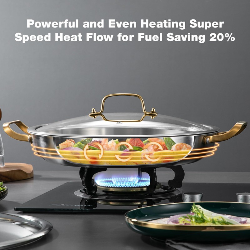 Yeksum 14 Inch Stainless Steel Paella Pan with Lid,Frying Pan,