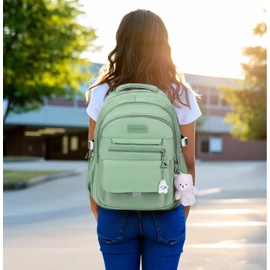 PRLINJSK Girls Backpack for College High Middle School Student, Cute Aesthetic Bookbag for Teens Women with Accessories,Green