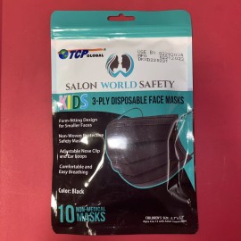 TCP Global Salon World Safety Kids Masks Sealed Pack of 10 Black 3 Ply Ages 4-12
