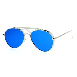 Unisex Round Aviator Sunglasses Metal Frame Silver Flat Blue Mirror Lens UV400
