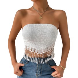 SEMATOMALA Women's Boho Crochet Fringe Crop Tube Top Floral Tie Back Cute Beach Tassel Strapless Bandana Tops WH-S White