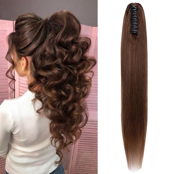 S-noilite Real Hair Clip-In Hair Extensions Straight Long Real Hair Extensions Straight Remy Human Hair Ponytail Hair Extensions #4 Chocolate Brown 45 cm - 115 g