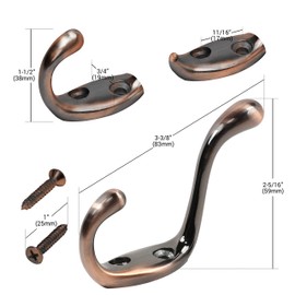 Rok Hardware Heavy Duty Dual Home Closet Wall Towel Coat Hook, 3-1/2", Brushed Antique Copper ROKCH101BAC