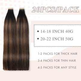 YDDM Tape-In Real Hair Extensions, 20 Pieces, 55 cm, 50 g, Natural Black with Chestnut Brown, Invisible Tape Extensions, Real Hair Extensions (22 Inches, 1B/1B/6#)