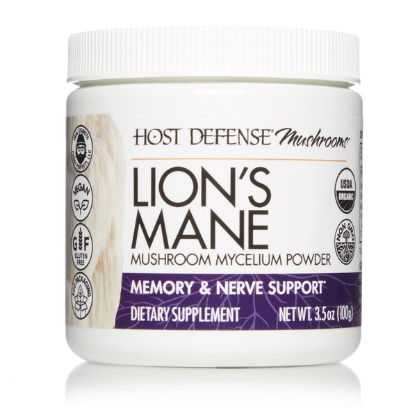Host Defense, Lion's Mane Powder, Supports Mental Clarity, Focus and Memory, Mushroom Supplement, 3.5 oz, Plain