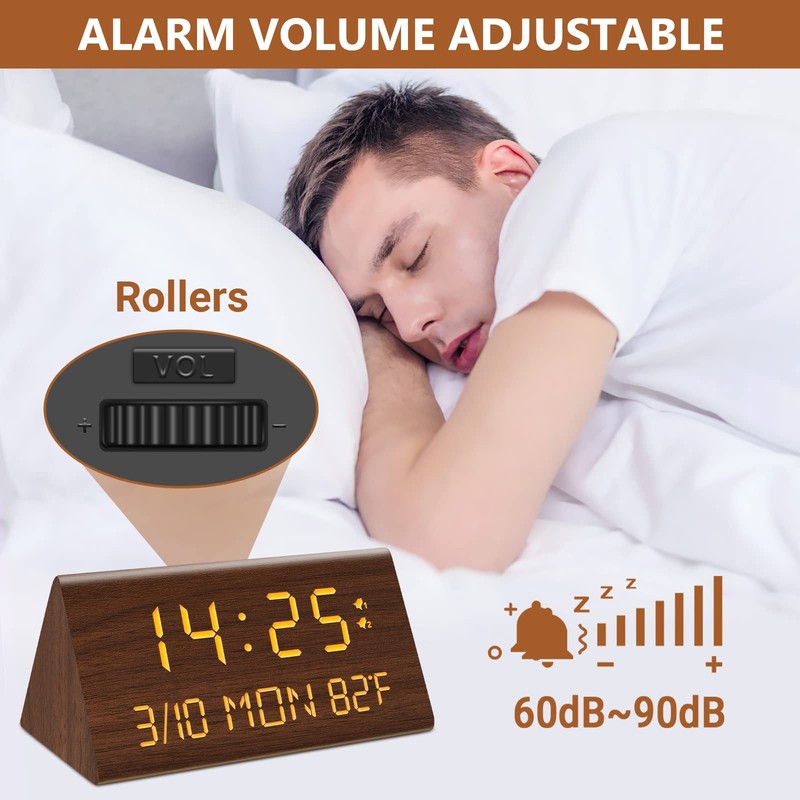 Kogonee Wooden Digital Alarm Clock, 0-100% Dimmer, 2 Alarm Settings,