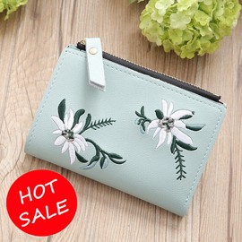 Unbranded Womens Leather Wallet Flower Embroidery Coin Purse Short Zipper Small Bag