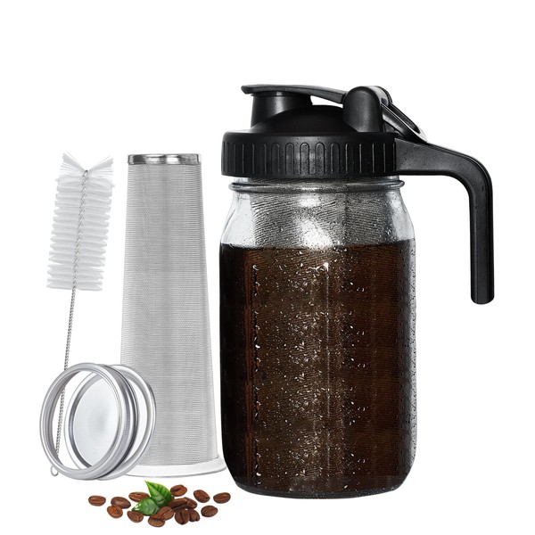 PIZVOXCold Brew Coffee Maker Pitcher, 32 oz Thick Glass Mason