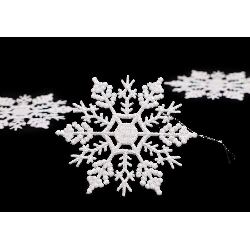 Glitter Snowflake Christmas Decorations Pack of 6-10cm Hanging Decorations (White)