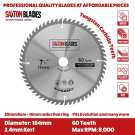 TCT18460T20B TCT Circular Saw Blade 184mm x 60T x 20mm Bore (16mm ring) fits Evolution Bosch Makita etc