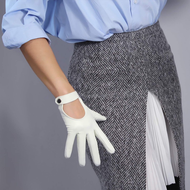 DooWay Women Real Leather Driving Gloves White Open Back Touchscreen