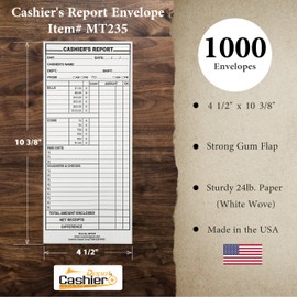 1000 Cashier Depot - Cashier’s Report Envelopes MT235 – 4 1/2" x 10 3/8", White 24lb Paper, Cash Deposit Report, Money Envelopes for Retail, Restaurants, Hotels, Small Business (1000 Envelopes)