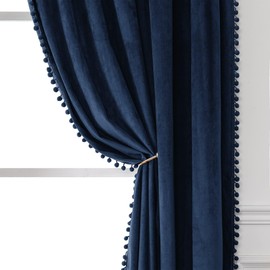 Victree Pom Pom Velvet Curtains for Bedroom, Blackout Curtains 42 x 84 inch Length - Room Darkening Sun Light Blocking Rod Pocket Window Drapes for Living Room, 2 Panels, Navy