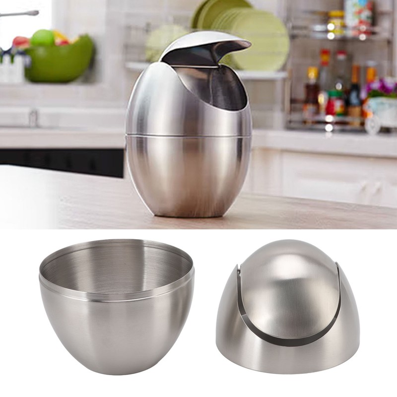 Desktop Trash Can Stainless Steel Egg Shape Mini Countertop Waste