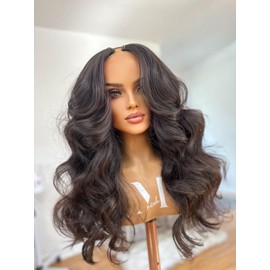 Enivuoso Body Wavy Black V Part Wig Upgrade U Part Wigs for Black Women 180% Density Full Head Clip In Hair Glueless Hair Replacement Synthetic Wigs (Black, 18 Inch)