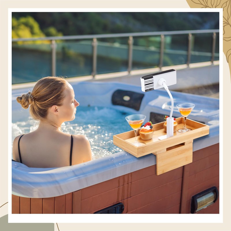 Beeveer Bamboo Adjustable Hot Tub Tray Table with Phone Holder,