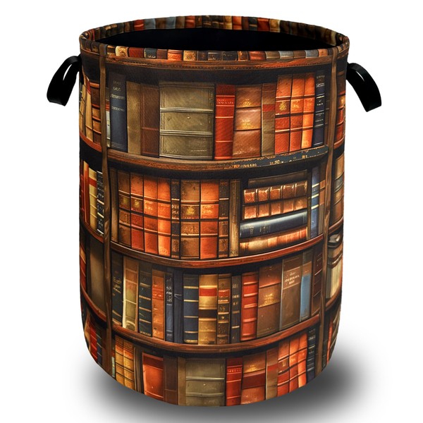 Retro Wooden Bookshelf Pattern Laundry Hamper Books Laundry Basket With