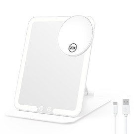 Benbilry Foldable Travel Makeup Mirror with Lights and 20X Magnification, Rechargeable Tabletop LED Vanity Mirror with Adjustable Stand, 3-Colored Dimmable Lighting, Portable Cosmetic Mirror, White